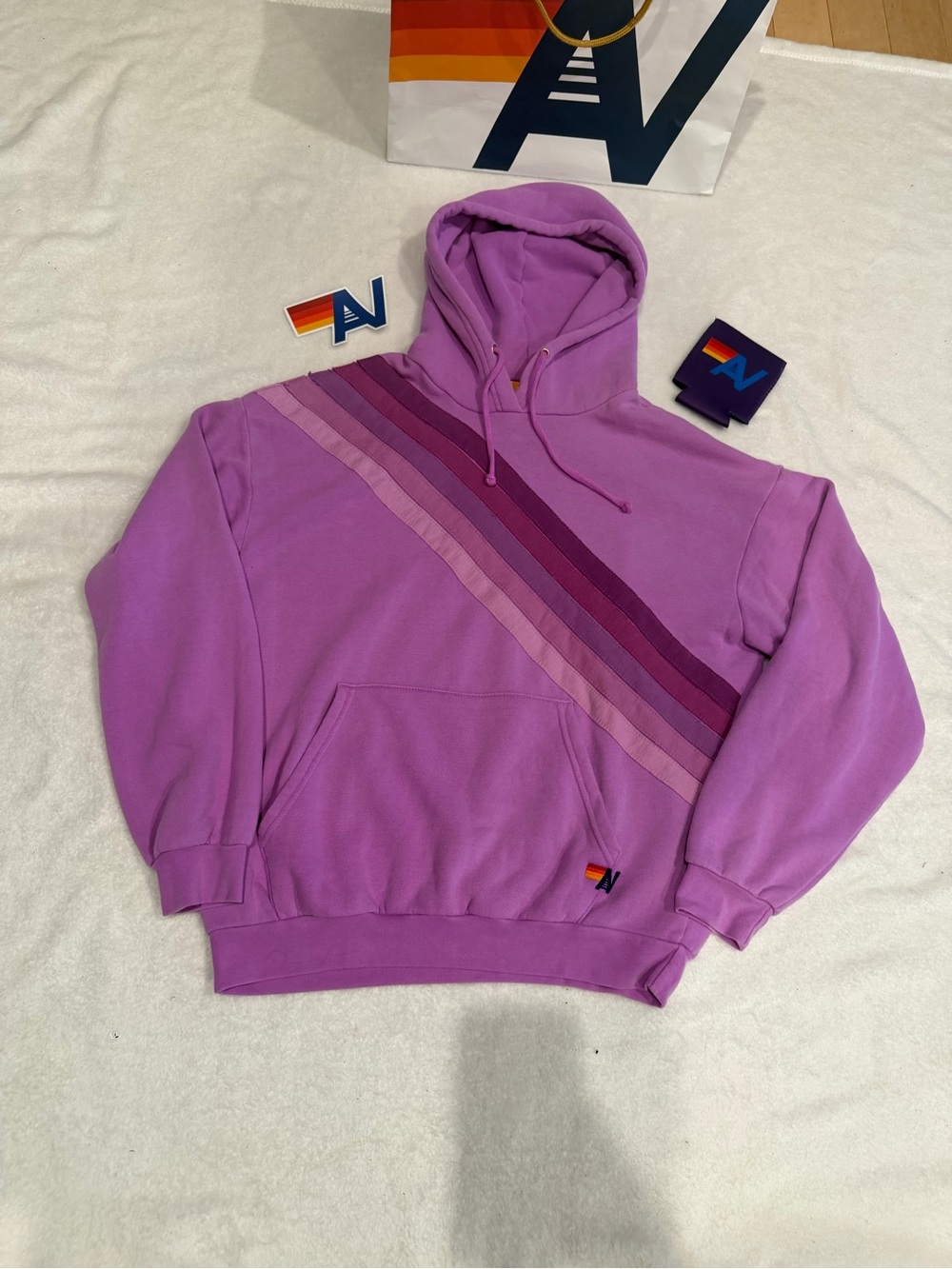 - - NWT Aviator Nation Relaxed Cross Stripe Pullover Hoodie Neon Purple Small